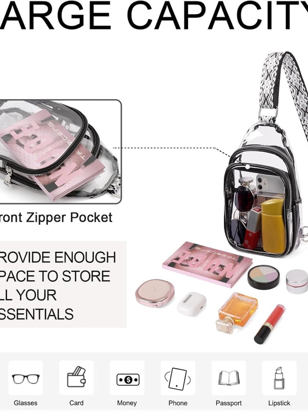 Clear PVC Mini crossbody with Black Trim and Patterned Strap - Picture 7 of 7